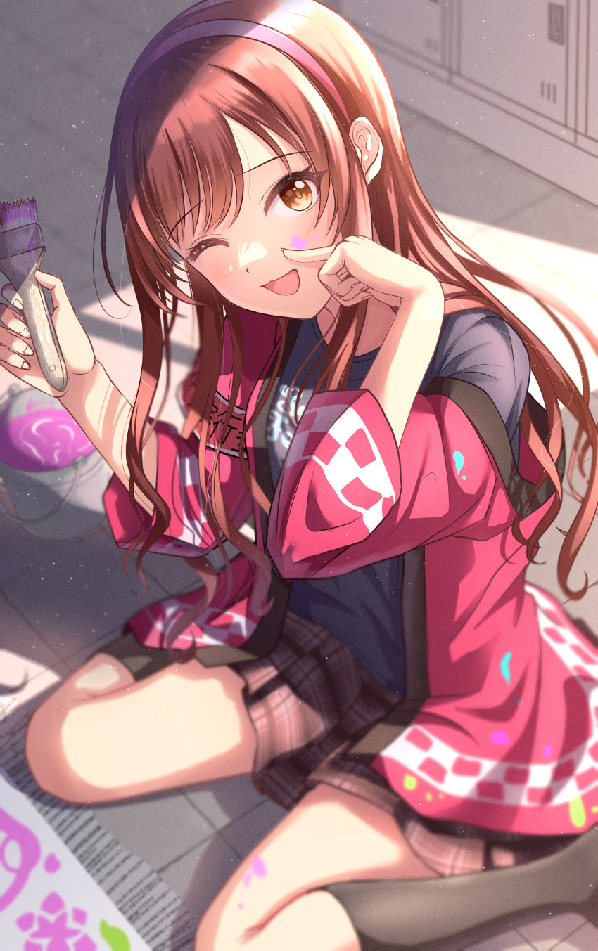 1girl absurdres art_brush black_socks blush brown_skirt citrusmikan from_above hairband hand_to_own_face hand_up happi highres holding holding_brush holding_paintbrush idolmaster idolmaster_shiny_colors index_finger_raised japanese_clothes kneehighs long_hair long_sleeves looking_at_viewer one_eye_closed open_mouth osaki_amana paint paint_can paint_on_clothes paint_splatter paint_splatter_on_face paintbrush pink_hairband plaid plaid_skirt pleated_skirt redhead shirt sitting skirt smile socks solo swept_bangs wariza yellow_eyes