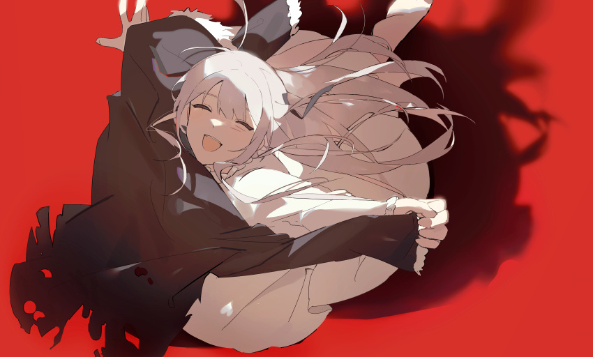 1girl absurdres adipocere_(vocaloid) barefoot black_coat closed_eyes coat commentary_request dancing dress facing_up facing_viewer floating_hair from_above fur-trimmed_coat fur_trim grey_ribbon hair_ribbon highres holding holding_clothes hooded_coat long_hair long_sleeves open_mouth red_background ribbon shadow shiroi_taka smile solo standing standing_on_one_leg white_dress