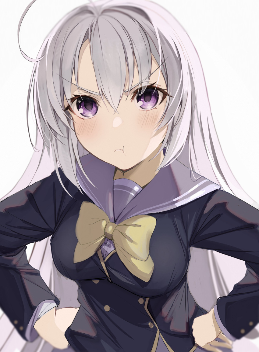 &gt;:( 1girl :t absurdres ahoge ayachi_nene black_jacket blurry blush bow breasts closed_mouth commentary depth_of_field eyelashes eyes_visible_through_hair frown grey_hair grey_sailor_collar hair_between_eyes hands_on_own_hips highres jacket kosh large_breasts long_hair long_sleeves looking_at_viewer pout sailor_collar sanoba_witch school_uniform simple_background solo standing straight-on straight_hair upper_body v-shaped_eyebrows very_long_hair violet_eyes white_background yellow_bow