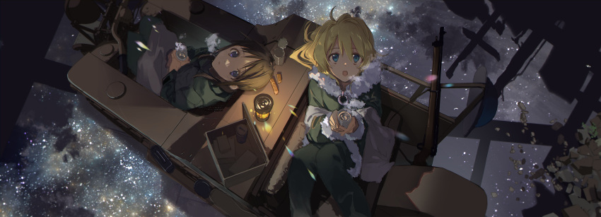 2girls black_hair blonde_hair blue_eyes bolt_action can chito_(shoujo_shuumatsu_ryokou) cup from_above fur_trim green_jacket green_pants gun headwear_removed helmet helmet_removed highres holding holding_cup jacket kettenkrad lantern long_hair long_sleeves looking_up multiple_girls open_mouth pants parted_lips reflection rifle seu_kaname shoujo_shuumatsu_ryokou sitting star_(sky) weapon yuuri_(shoujo_shuumatsu_ryokou)