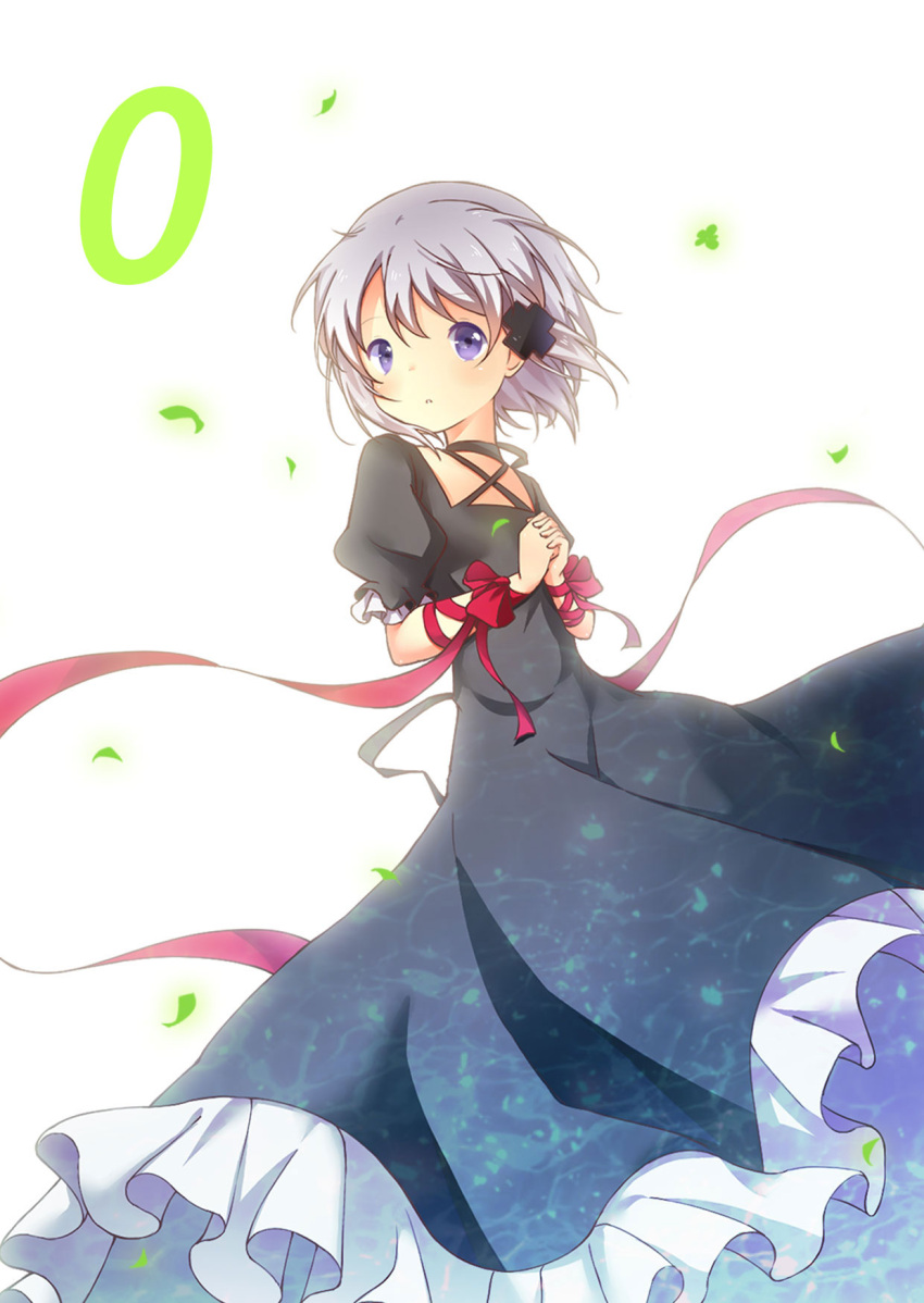 1girl arm_ribbon black_dress blush chinese_commentary commentary_request countdown_illustration criss-cross_halter dress floating_clothes frilled_dress frilled_sleeves frills grey_hair hair_between_eyes halterneck highres interlocked_fingers kagari_(rewrite) lliissaawwuu2 long_ribbon looking_afar looking_at_viewer own_hands_together parted_lips praying puffy_short_sleeves puffy_sleeves red_ribbon rewrite ribbon short_hair short_sleeves simple_background solo violet_eyes white_background wrist_bow