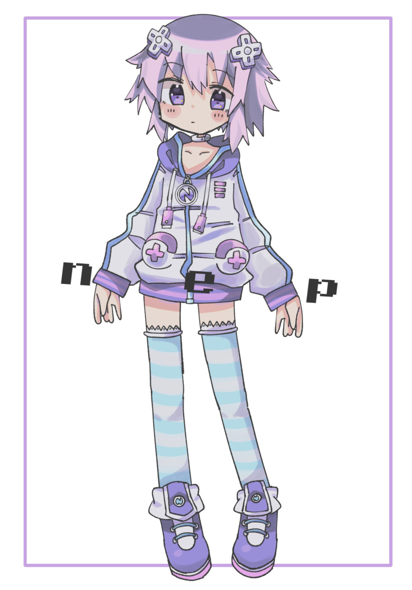 1girl arms_at_sides blush character_name closed_mouth d-pad d-pad_hair_ornament drawstring enorari frown full_body hair_between_eyes hair_ornament highres hood hood_down hooded_jacket jacket jewelry legs_apart light_purple_hair long_sleeves neck_ring neptune_(neptune_series) neptune_(series) purple_footwear short_hair solo standing striped striped_thighhighs thigh-highs violet_eyes white_jacket zettai_ryouiki