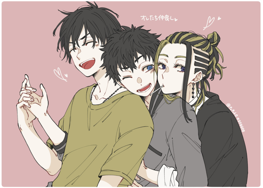3boys ^_^ black_hair black_shirt blonde_hair blue_eyes closed_eyes closed_mouth coppe earrings grey_shirt hair_bun hair_pulled_back hanagaki_takemichi hand_up highres hug hug_from_behind imaushi_wakasa jewelry looking_at_viewer male_focus medium_hair mouth_hold multicolored_hair multiple_boys necklace one_eye_closed open_mouth pink_background sano_shinichirou shirt short_hair single_earring smile tokyo_revengers two-tone_hair upper_body violet_eyes yellow_shirt