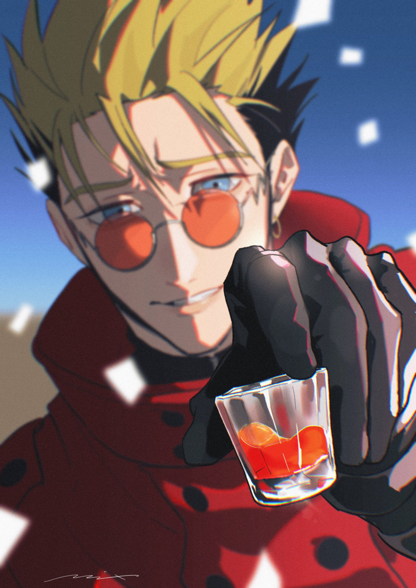 1boy black_gloves black_hair blonde_hair blue_eyes cup drinking_glass earrings glasses gloves hand_up highres holding holding_cup jacket jewelry looking_at_viewer male_focus mix_(wkupmix) mole mole_under_eye multicolored_hair orange-tinted_eyewear parted_lips red_jacket round_eyewear short_hair shot_glass single_earring smile solo tinted_eyewear trigun two-tone_hair upper_body vash_the_stampede