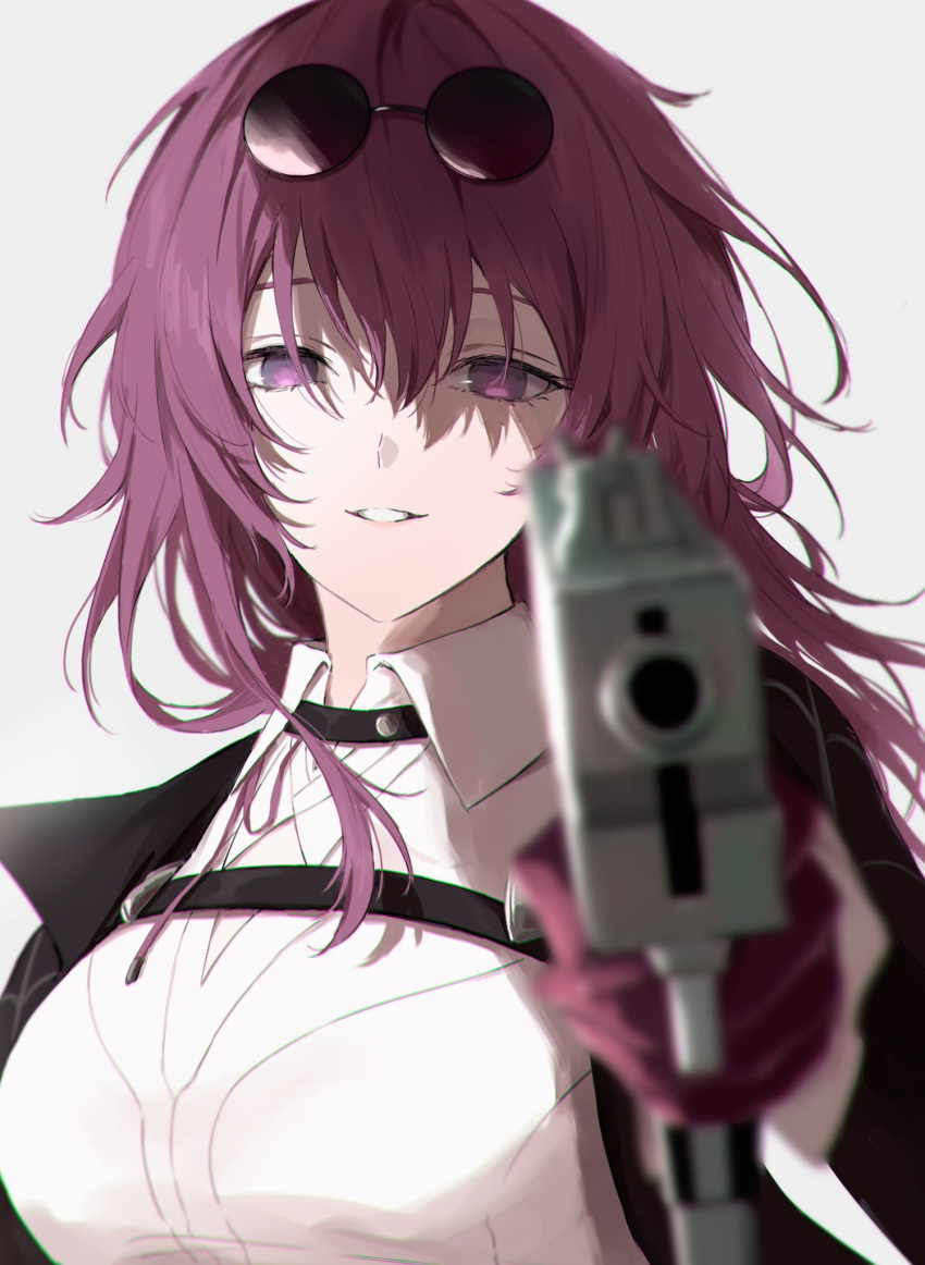 1girl aiming aiming_at_viewer black_jacket blurry breasts chest_harness clenched_teeth collared_shirt depth_of_field eyewear_on_head foreshortening gloves gradient_eyes gun hair_between_eyes harness highres holding holding_gun holding_weapon honkai:_star_rail honkai_(series) jacket kafka_(honkai:_star_rail) long_hair looking_at_viewer medium_breasts messy_hair mskmmti multicolored_eyes no_pupils open_mouth parted_lips purple_gloves purple_hair round_eyewear shirt sidelocks simple_background solo spider_web_print sunglasses teeth upper_body violet_eyes weapon white_background white_shirt