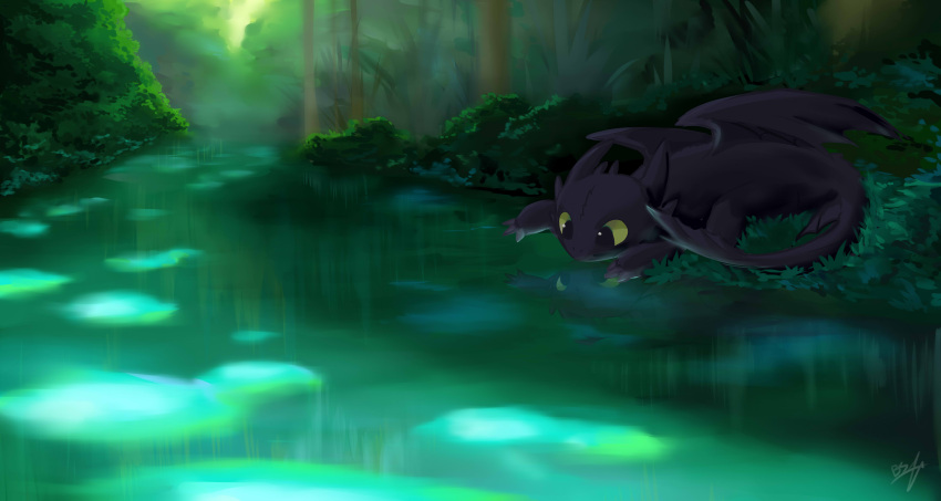 absurdres animal_focus black_eyes bush claws closed_mouth colored_sclera dragon forest green_sclera highres how_to_train_your_dragon nature no_humans nostrils reflection reflective_water river signature solo toothless tree twstacker western_dragon wings