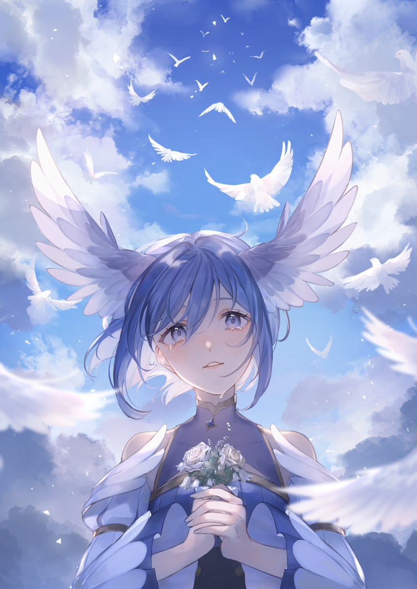 1girl absurdres bare_shoulders bird blue_eyes blue_hair blue_sky detached_sleeves dove flower head_wings highres holding holding_flower looking_at_viewer mirin. original own_hands_clasped own_hands_together sky solo wide_sleeves wing_ornament wings