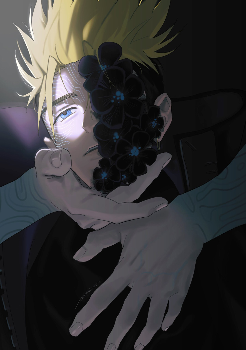 2boys black_background black_flower black_jacket black_shirt blonde_hair blue_eyes earrings flower hand_on_another's_chest hand_on_another's_chin highres jacket jewelry looking_at_viewer male_focus millions_knives mix_(wkupmix) multiple_boys one_eye_covered out_of_frame parted_lips shirt short_hair single_earring spiky_hair trigun trigun_stampede upper_body vash_the_stampede