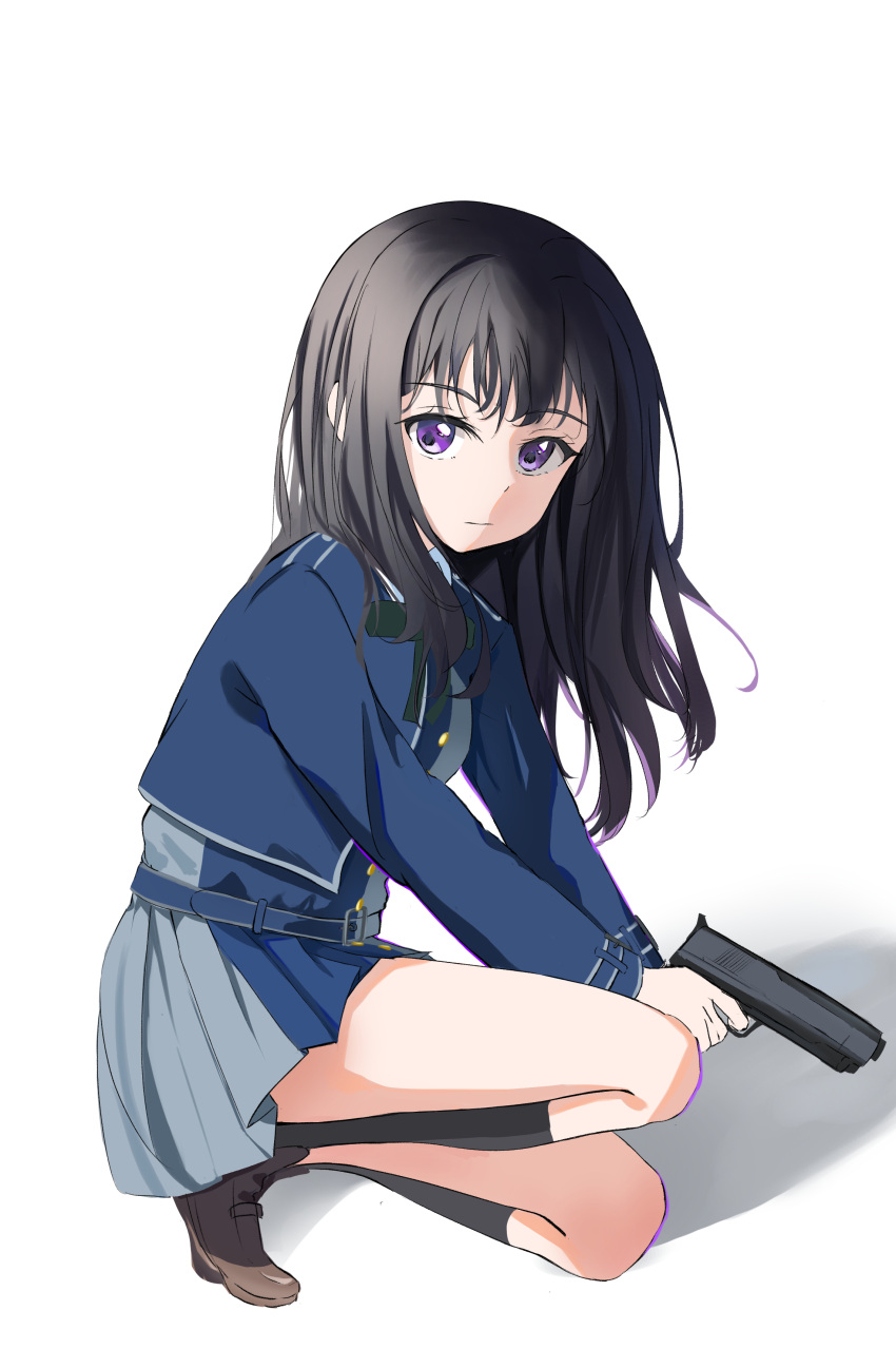 1girl absurdres black_hair black_socks blue_dress brown_footwear catch_(catch9030) closed_mouth commentary dress expressionless full_body grey_dress gun handgun highres holding holding_gun holding_weapon inoue_takina kneehighs kneeling long_hair long_sleeves looking_at_viewer lycoris_recoil lycoris_uniform pleated_dress shadow sidelocks simple_background socks solo two-tone_dress violet_eyes weapon white_background