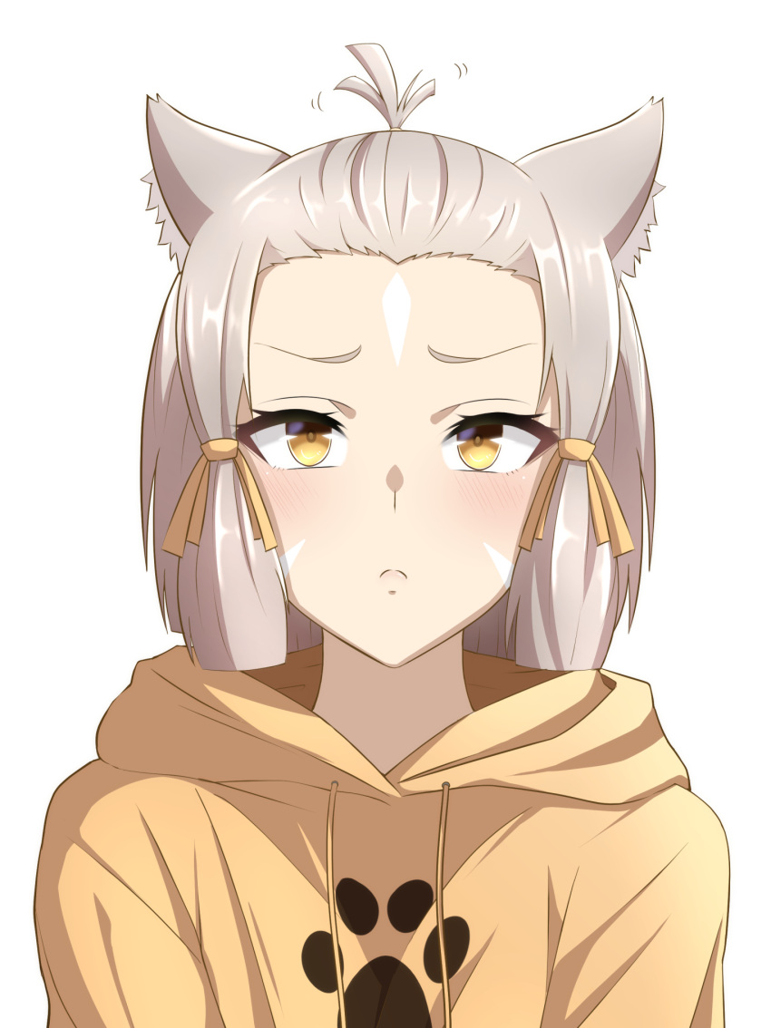 1girl alternate_hairstyle blush casual closed_mouth forehead grey_hair highres hood hoodie looking_at_viewer mebi_il nia_(xenoblade) short_hair simple_background solo upper_body white_background xenoblade_chronicles_(series) xenoblade_chronicles_2 yellow_eyes yellow_hoodie