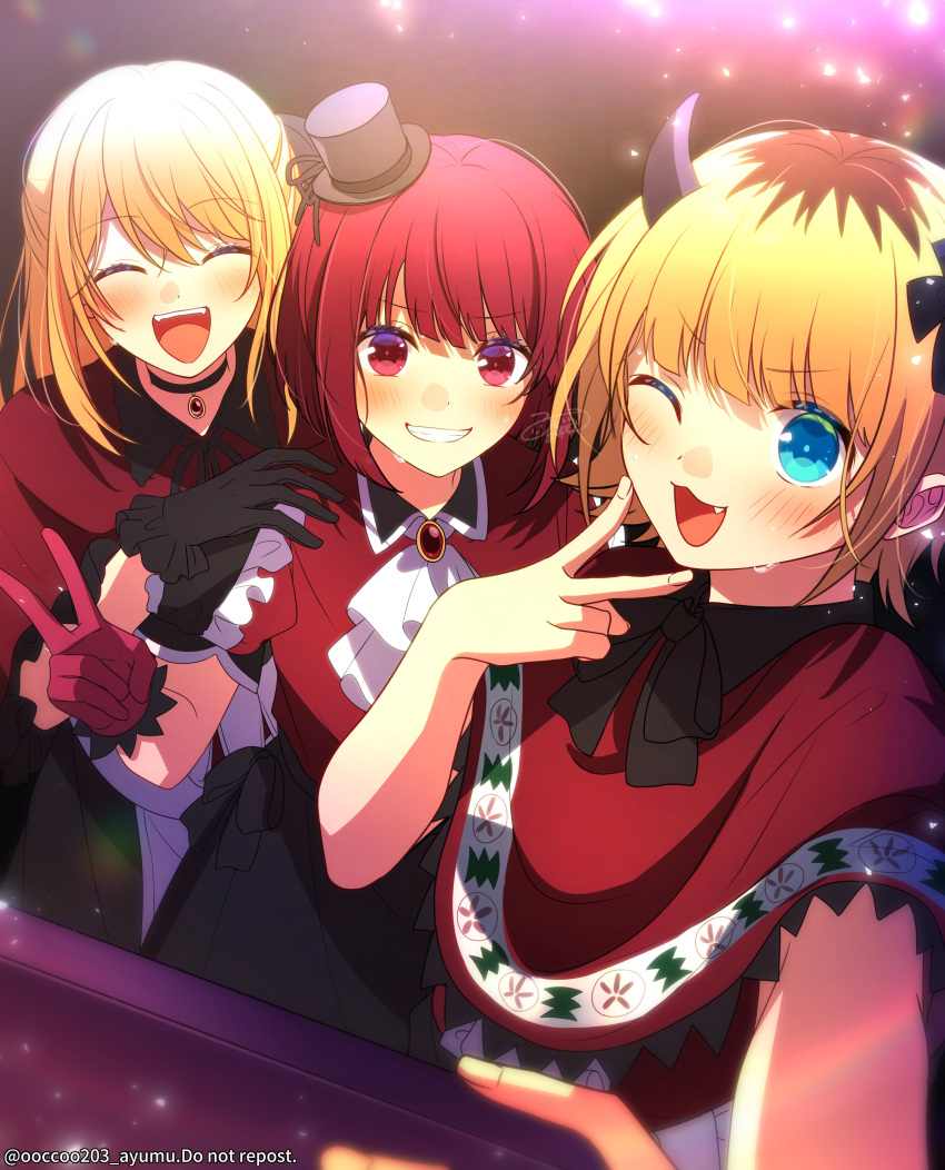 3girls :3 absurdres arima_kana ascot ayumu8828 black_bow black_bowtie black_choker black_gloves black_headwear black_ribbon black_skirt blonde_hair blue_eyes blurry blush bob_cut bow bowtie capelet choker clenched_teeth collared_shirt commentary_request demon_horns depth_of_field fake_horns fang frilled_capelet frilled_gloves frilled_sleeves frills gloves hair_between_eyes hand_on_another's_shoulder hat hat_ribbon highres holding holding_phone horns hoshino_ruby idol idol_clothes inverted_bob light_particles long_hair looking_at_viewer medium_hair memcho mini_hat mini_top_hat multiple_girls neck_ribbon no_pupils one_eye_closed open_mouth oshi_no_ko parted_bangs phone pink_gloves puffy_short_sleeves puffy_sleeves red_brooch red_capelet red_shirt redhead ribbon selfie shadow shirt short_hair short_sleeves sidelocks signature skirt smile sweat taking_picture teeth top_hat twitter_username upper_body upper_teeth_only v v_over_mouth watermark white_ascot