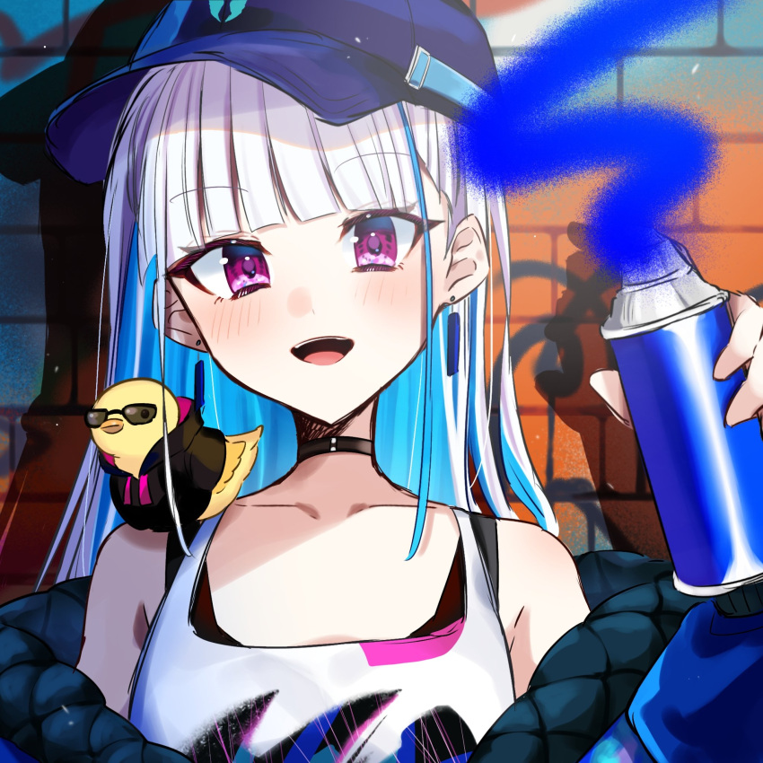 1girl animal_on_shoulder bare_shoulders baseball_cap bird bird_on_shoulder black_choker black_tank_top blue_hair blue_headwear blue_jacket blunt_bangs blush chick choker colored_inner_hair earrings graffiti grey_socks hat highres hood hoodie jacket jewelry lize_helesta lize_helesta_(9th_costume) long_hair looking_at_viewer multicolored_hair nijisanji off_shoulder open_mouth partially_unzipped sebastian_piyodore socks solo spray_can spray_paint spraying sunglasses tank_top two-tone_hair two_side_up very_long_hair violet_eyes virtual_youtuber wall white_hair white_tank_top yukino_0306