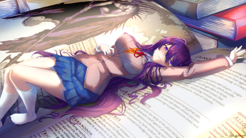 1girl arm_up artist_name blue_skirt book book_stack breasts brown_jacket commentary doki_doki_literature_club english_commentary english_text hair_between_eyes hair_spread_out hand_on_own_stomach highres jacket kneehighs large_breasts long_hair looking_at_viewer lying neck_ribbon no_shoes on_back open_book parted_lips pleated_skirt purple_hair red_ribbon ribbon school_uniform skirt socks solo takuyarawr very_long_hair violet_eyes white_socks yuri_(doki_doki_literature_club)