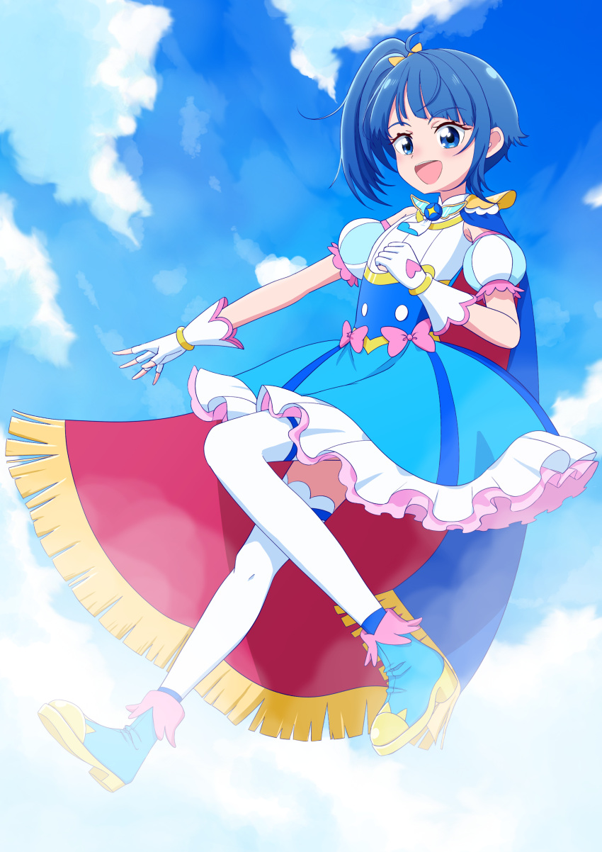 1girl :d absurdres ahoge ankle_boots blue_cape blue_dress blue_eyes blue_footwear blue_hair blue_skirt blue_sky boots brooch cape clouds cloudy_sky commentary cosplay cure_sky cure_sky_(cosplay) cut_bangs day dress fingerless_gloves floating frills fringe_trim full_body gloves hair_ribbon highres hirogaru_sky!_precure jewelry leg_up looking_at_viewer magical_girl medium_dress medium_hair one_side_up open_mouth outdoors precure red_cape ribbon self_cosplay senchouto side_ponytail single_sidelock skirt sky sleeveless sleeveless_dress smile solo sora_harewataru thigh-highs two-sided_cape two-sided_fabric white_gloves white_thighhighs wing_hair_ornament yellow_ribbon