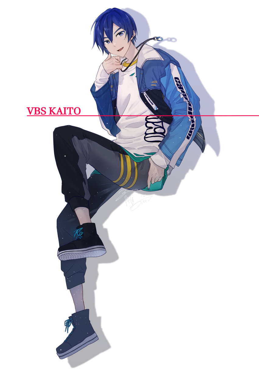 1boy absurdres black_footwear blue_eyes blue_hair character_name commentary double-parted_bangs full_body hand_up highres jacket jewelry kaito_(vocaloid) long_sleeves looking_at_viewer male_focus necklace open_clothes open_jacket open_mouth parang_99 project_sekai ring_necklace shoelaces short_hair solo vivid_bad_squad_(project_sekai) vivid_bad_squad_kaito vocaloid white_background