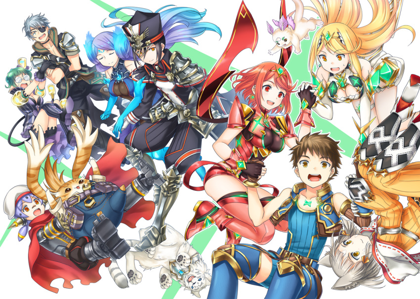 2boys 6+girls android animal_ears armor black_hair blonde_hair blunt_bangs bodysuit breasts brighid_(xenoblade) cat_ears closed_eyes collarbone commentary_request covered_navel dromarch_(xenoblade) earrings fingerless_gloves fire gem gloves grey_hair hat headpiece jewelry large_breasts long_hair looking_at_viewer medium_breasts military military_hat military_uniform mizuki_riko morag_ladair_(xenoblade) multiple_boys multiple_girls mythra_(xenoblade) nia_(xenoblade) open_mouth pandoria_(xenoblade) pauldrons poppi_(xenoblade) poppi_alpha_(xenoblade) purple_hair pyra_(xenoblade) red_eyes red_shorts redhead revision rex_(xenoblade) ribbon short_hair shorts shoulder_armor simple_background smile swept_bangs tiara tora_(xenoblade_2) uniform white_gloves xenoblade_chronicles_(series) xenoblade_chronicles_2 yellow_eyes