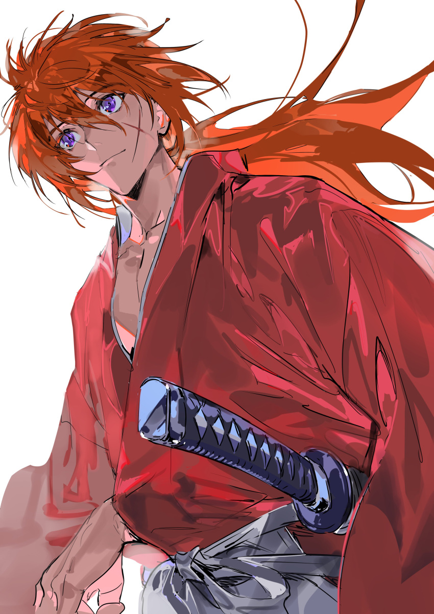 1boy absurdres bikkusama closed_mouth collarbone commentary cross_scar floating_hair hair_between_eyes hakama highres himura_kenshin japanese_clothes katana kimono light_smile long_hair long_sleeves looking_to_the_side low_ponytail male_focus messy_hair red_kimono redhead rurouni_kenshin samurai scar scar_on_cheek scar_on_face solo sword symbol-only_commentary upper_body violet_eyes weapon white_background white_hakama wide_sleeves
