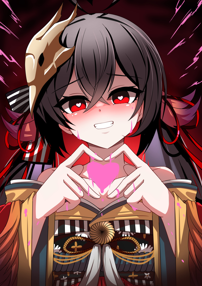 1girl absurdres ahoge azur_lane bare_shoulders black_hair crossed_bangs grin hair_between_eyes hair_ribbon heart heart-shaped_pupils heart_ahoge heart_hands highres japanese_clothes kimono long_hair long_sleeves looking_at_viewer mask mask_on_head red_eyes red_kimono ribbon siota1998 smile solo symbol-shaped_pupils taihou-chan_(azur_lane) tengu_mask twintails wide_sleeves