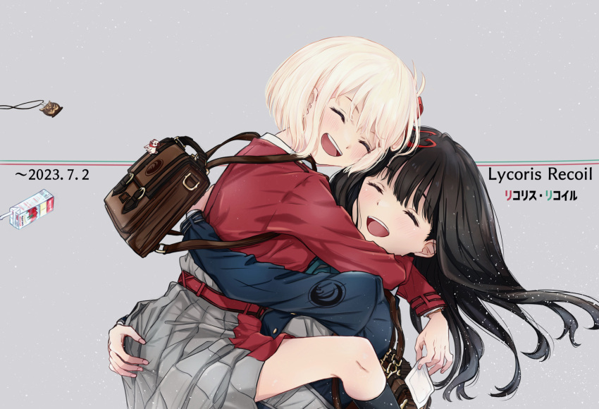 2girls ^_^ aqua_ribbon backpack bag belt black_hair black_socks blonde_hair blue_belt blue_dress blush bob_cut briefcase carrying carrying_person closed_eyes collared_shirt commentary copyright_name dress facial_mark floating_hair futaba_(rei-futaba) grey_background gun hair_ribbon handgun happy_anniversary highres holding holding_bandaid holding_gun holding_weapon hug index_finger_raised inoue_takina jewelry jewelry_removed kneehighs long_hair long_sleeves lycoris_recoil lycoris_uniform multiple_girls neck_ribbon necklace necklace_removed nishikigi_chisato one_side_up open_mouth pleated_dress red_belt red_dress red_ribbon ribbon shirt short_hair sidelocks simple_background smile socks teeth upper_teeth_only variant_set weapon white_shirt yuri