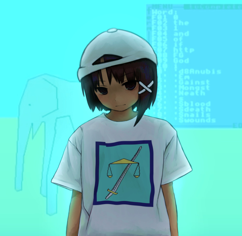1girl absurdres baseball_cap black_eyes black_hair commentary cosplay elephant english_commentary english_text hair_ornament hat highres iwakura_lain looking_at_viewer serial_experiments_lain shirt short_hair short_sleeves solo sword templeos terry_a_davis terry_a_davis_(cosplay) weapon white_headwear white_shirt x_hair_ornament zoolpal