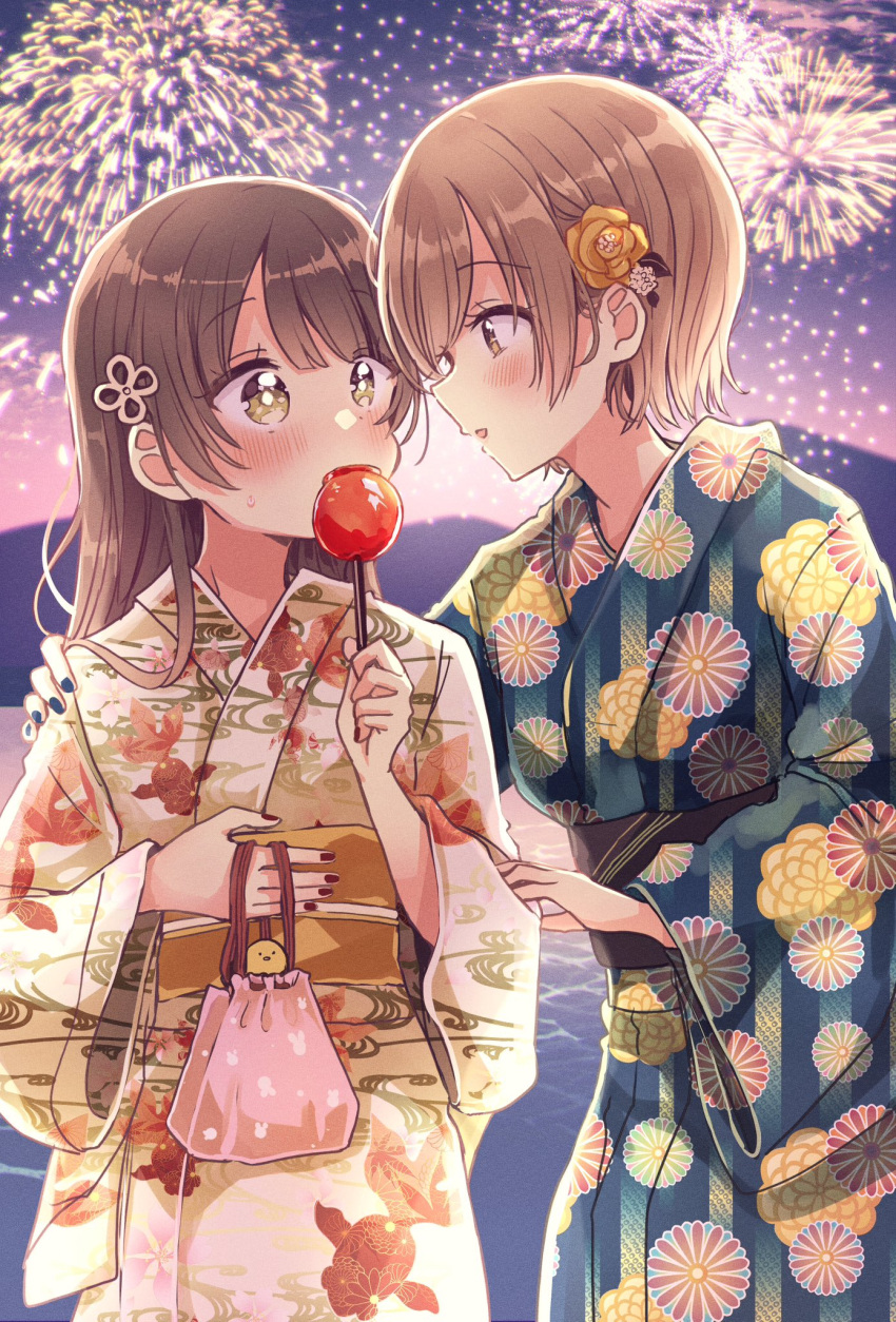 2girls aerial_fireworks black_kimono blush brown_eyes brown_hair candy_apple character_request commentary_request eye_contact fireworks floral_print food hand_up highres holding holding_food japanese_clothes kimono long_sleeves looking_at_another mountain multiple_girls nail_polish night night_sky obi outdoors parted_lips red_nails sakura_oriko sash sky smile sweat swing!! white_kimono wide_sleeves