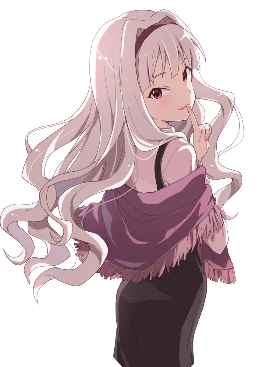 1girl absurdres black_skirt blush buchi_(y0u0ri_) cowboy_shot finger_to_mouth from_behind grey_hair hairband hand_up highres idolmaster idolmaster_(classic) idolmaster_million_live! idolmaster_million_live!_theater_days index_finger_raised long_hair long_sleeves looking_at_viewer looking_back open_mouth purple_hairband purple_scarf scarf shijou_takane shirt simple_background skirt smile solo standing suspender_skirt suspenders violet_eyes white_background white_shirt
