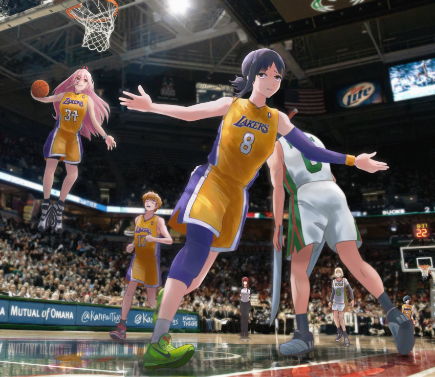 2boys 5girls absurdres american_flag arm_warmers audience ball basketball_(object) basketball_court basketball_hoop basketball_jersey black_hair blonde_hair brown_eyes chainsaw_man cosplay crossover denji_(chainsaw_man) dwyane_wade english_commentary grin hair_ornament hairclip higashiyama_kobeni highres himeno_(chainsaw_man) holding holding_ball horns indoors jumping kanpaithighs katana_man_(chainsaw_man) knee_pads kobe_bryant kobe_bryant_(cosplay) lebron_james long_hair looking_up los_angeles_lakers makima_(chainsaw_man) miller_lite milwaukee_bucks mole mole_under_mouth multiple_boys multiple_girls name_connection national_basketball_association nike number_print open_mouth outstretched_arms parted_lips people photo-referenced photo_background pink_hair playing_sports power_(chainsaw_man) real_life red_eyes redhead referee reflective_floor running sawatari_akane_(chainsaw_man) shaquille_o'neal shaquille_o'neal_(cosplay) shoes short_hair short_ponytail single_arm_warmer single_knee_pad slam_dunk_(basketball) smile sneakers sportswear stadium wristband
