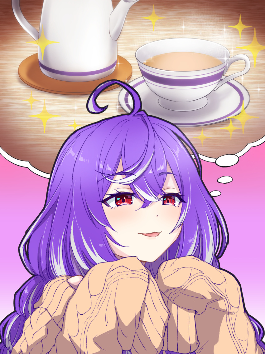1girl ahoge alternate_costume blush brown_sweater coffee commentary_request cowlick crossed_bangs hair_between_eyes highres hiyoku_no_crosspiece imagining jyaco long_bangs multicolored_hair nanashi_inc. open_mouth purple_hair red_eyes saucer shisui_kiki sleeves_past_fingers sleeves_past_wrists smile sparkle streaked_hair sweater textless_version thought_bubble two-tone_hair upper_body virtual_youtuber white_hair
