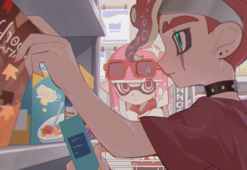 1boy 1girl black_choker blunt_bangs blush box choker closed_mouth commentary_request earrings eyewear_on_head green_eyes hand_up highres holding holding_box hood hood_down hoodie indoors inkling inkling_girl jersey jewelry long_hair looking_at_another mohawk namazuoku octoling octoling_boy parted_lips pink_eyes pink_hair pointy_ears profile red_hoodie red_shirt redhead scar scar_across_eye shelf shirt shopping shopping_cart short_hair short_sleeves sidelocks sign spiked_choker spikes splatoon_(series) stud_earrings suction_cups sunglasses t-shirt tentacle_hair upper_body