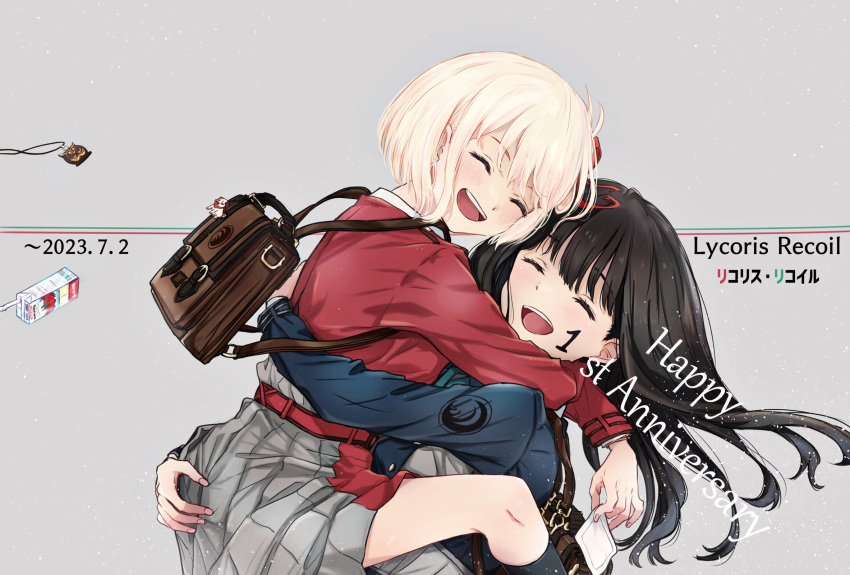 2girls ^_^ aqua_ribbon backpack bag belt black_hair black_socks blonde_hair blue_belt blue_dress blush bob_cut briefcase carrying carrying_person closed_eyes collared_shirt commentary copyright_name dress facial_mark floating_hair futaba_(rei-futaba) grey_background gun hair_ribbon handgun happy_anniversary highres holding holding_bandaid holding_gun holding_weapon hug index_finger_raised inoue_takina jewelry jewelry_removed kneehighs long_hair long_sleeves lycoris_recoil lycoris_uniform multiple_girls neck_ribbon necklace necklace_removed nishikigi_chisato one_side_up open_mouth pleated_dress red_belt red_dress red_ribbon ribbon shirt short_hair sidelocks simple_background smile socks teeth upper_teeth_only variant_set weapon white_shirt yuri