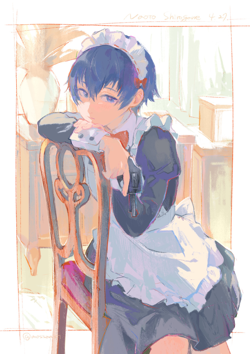 1girl absurdres alternate_costume apron black_dress blue_eyes blue_hair bow bowtie chair character_name dated dress enmaided frilled_apron frills gun hair_between_eyes handgun highres holding holding_gun holding_weapon indoors long_sleeves looking_at_viewer maid maid_headdress mossan351 persona persona_4 plant potted_plant red_bow shirogane_naoto sitting solo weapon white_apron