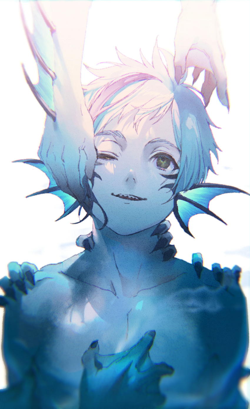 1boy aged_down blue_hair blue_nails blue_skin body_markings colored_skin disembodied_limb eel_boy fingernails fins floyd_leech hand_up head_fins highres inuganeteru looking_up male_child male_focus monster_boy multicolored_hair one_eye_closed open_mouth sharp_fingernails sharp_teeth short_hair simple_background streaked_hair teeth twisted_wonderland upper_body webbed_hands white_background