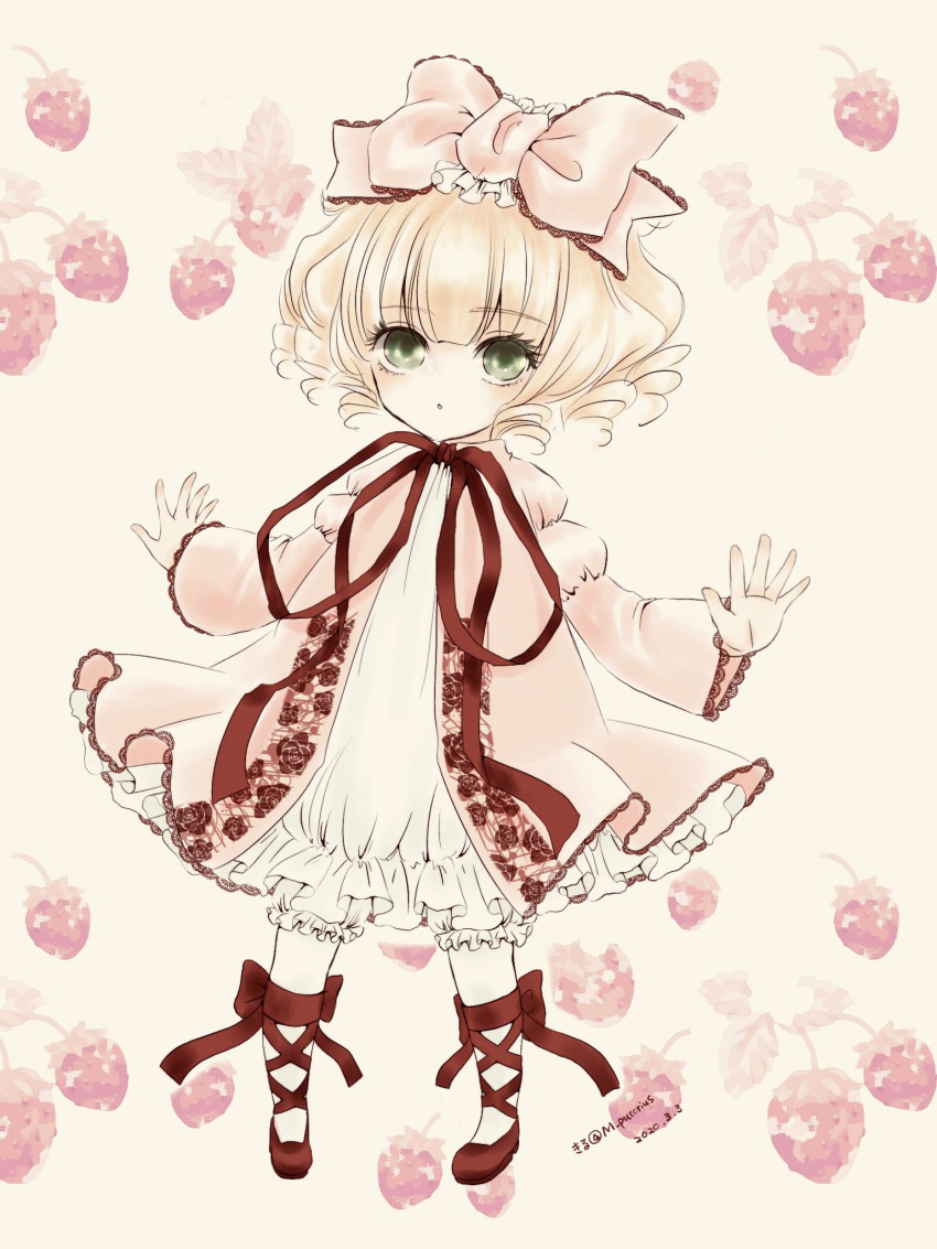 1girl blonde_hair blush bow dress drill_hair expressionless food fruit full_body green_eyes hair_bow highres hinaichigo kiru_(m_putorius) long_sleeves outstretched_arms pantyhose pink_bow pink_dress red_footwear red_ribbon ribbon rozen_maiden short_hair sketch solo spread_arms strawberry white_pantyhose