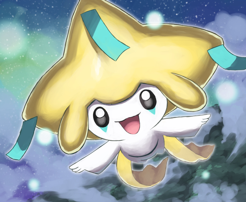 :d above_clouds blurry blurry_background bright_pupils clouds commentary_request flying grey_eyes happy highres jira_(ziraiya26) jirachi looking_at_viewer night no_humans open_mouth outdoors outstretched_arms pokemon pokemon_(creature) sky smile solo tongue white_pupils