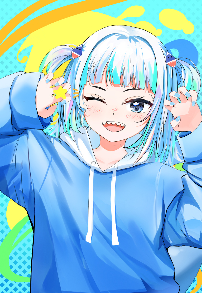 1girl absurdres arms_up blue_eyes blue_hair blue_hoodie blue_nails blunt_bangs blush catch_(catch9030) claw_pose commentary gawr_gura gawr_gura_(1st_costume) hair_ornament highres hololive hololive_english hood hoodie long_sleeves looking_at_viewer medium_hair multicolored_hair nail_polish nose_blush one_eye_closed open_mouth shadow shark_hair_ornament sharp_teeth solo star_(symbol) teeth two_side_up upper_teeth_only virtual_youtuber
