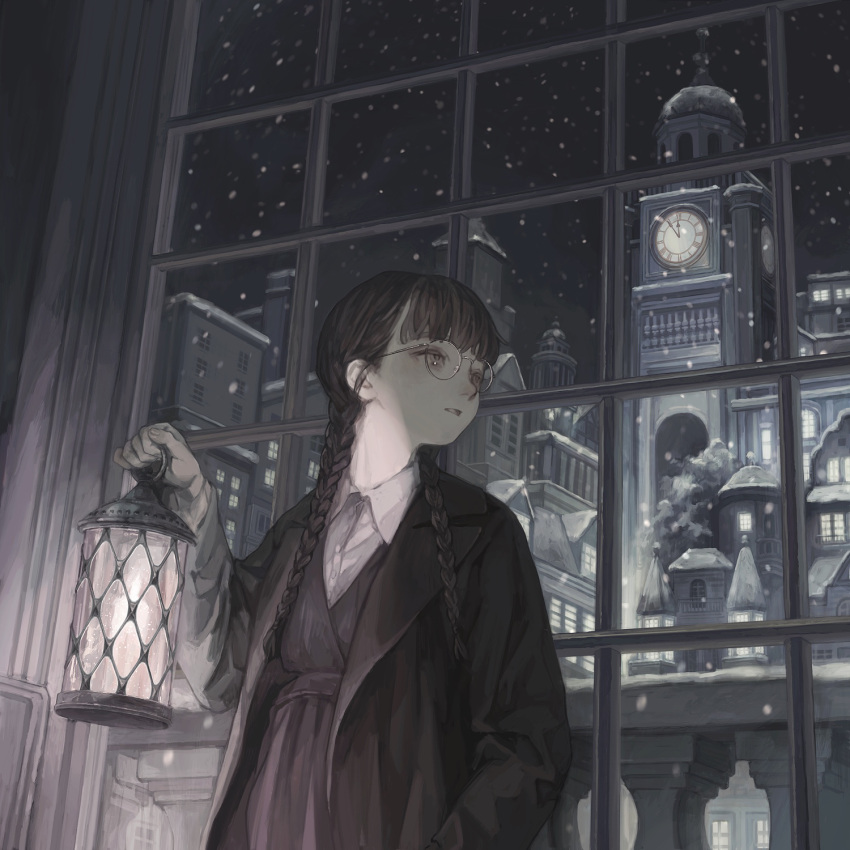 1girl black_coat black_hair blunt_bangs braid building city clock clock_tower coat collared_shirt commentary european_architecture expressionless from_below glasses grey_eyes hand_in_pocket hand_up highres holding holding_lantern hotatenshi indoors lantern long_hair long_sleeves looking_afar looking_to_the_side low_twin_braids night night_sky original parted_lips round_eyewear scenery shirt sky snow snowing solo standing tower twin_braids twintails upper_body white_shirt window winter