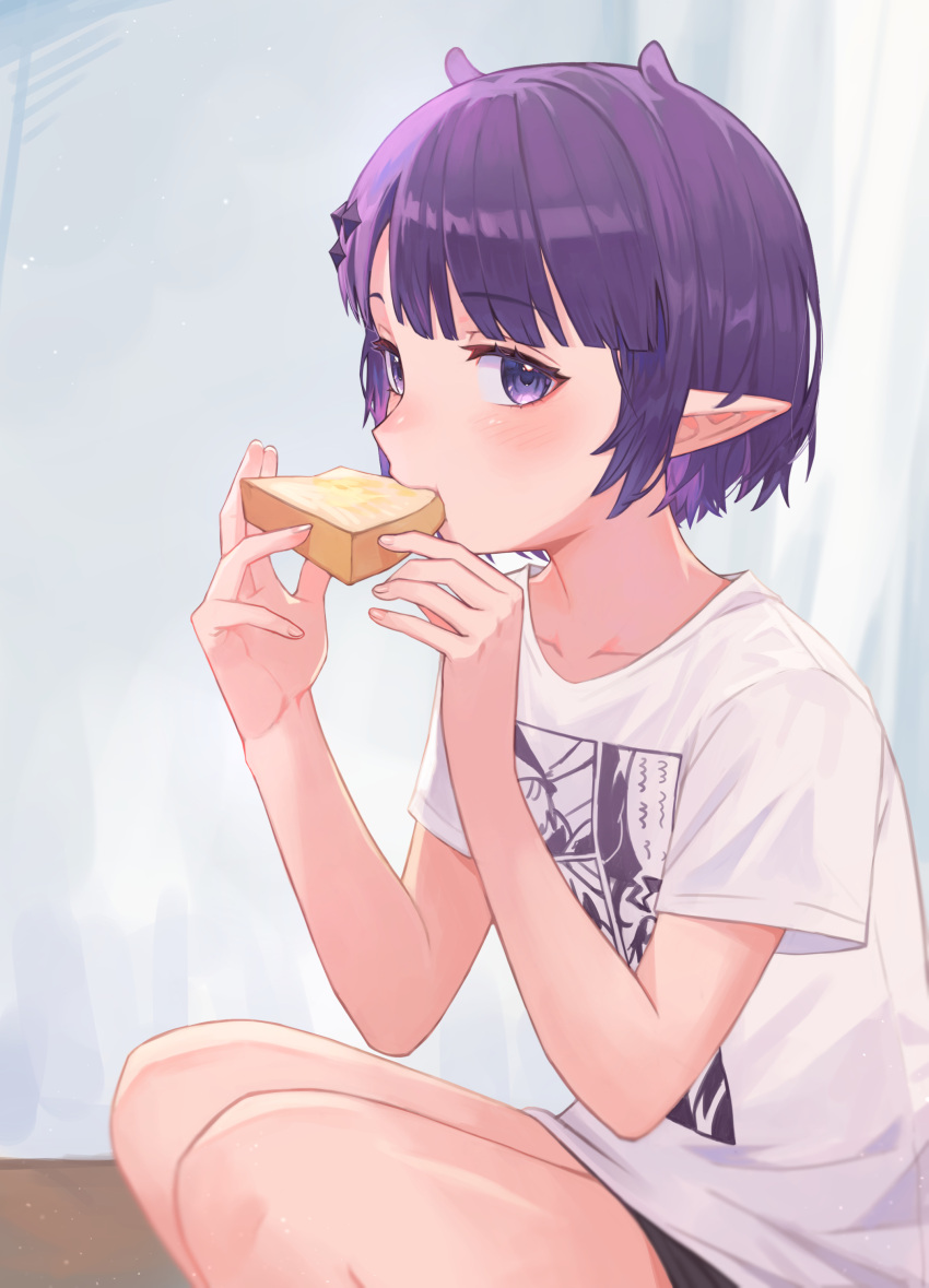 1girl absurdres bare_legs commentary eating food food_in_mouth highres hololive hololive_english kiwwwwwi mouth_hold ninomae_ina'nis pointy_ears purple_hair shirt short_hair short_sleeves shorts solo squatting toast toast_in_mouth violet_eyes virtual_youtuber white_shirt