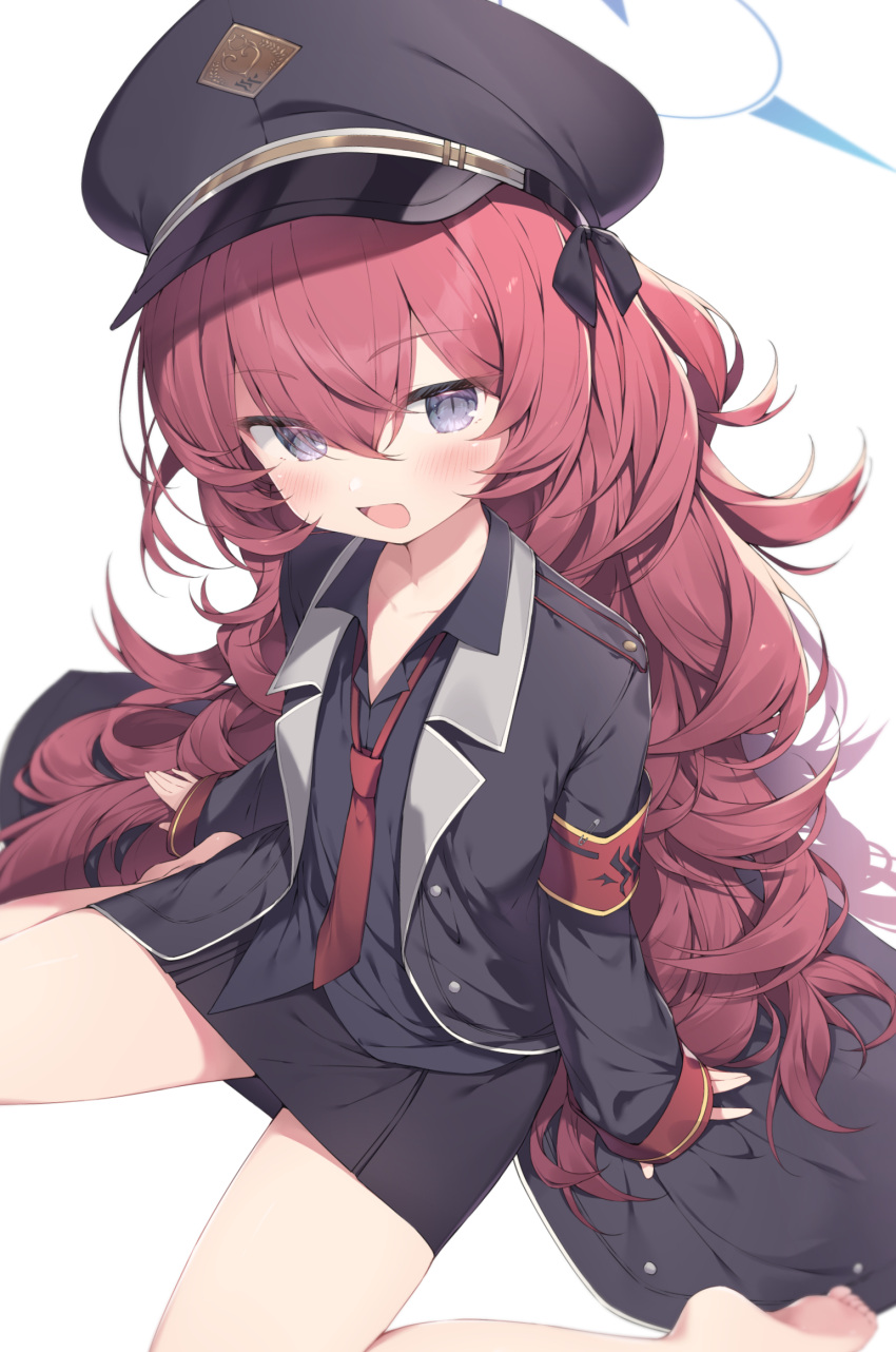1girl arm_support armband bare_legs barefoot black_headwear black_shirt blue_archive collared_shirt from_above grey_eyes hair_between_eyes hair_ribbon halo hat highres iroha_(blue_archive) jacket long_hair long_sleeves looking_at_viewer loose_necktie military_hat military_jacket military_uniform necktie open_mouth peaked_cap pencil_skirt red_armband red_necktie redhead ribbon shirt simple_background sitting skirt sleeves_past_wrists solo topia uniform very_long_hair wavy_hair white_background