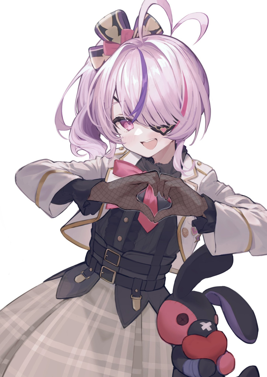 1girl ahoge black_corset bow corset eyepatch fishnet_gloves fishnets frilled_sleeves frills gloves heart heart_ahoge heart_hands highres jacket looking_at_viewer looking_to_the_side maria_marionette medium_hair multicolored_hair nijisanji nijisanji_en one_eye_covered open_mouth pink_background pink_eyes pink_hair plaid plaid_skirt purple_bow purple_hair ribbon school_uniform shirt shirt_tucked_in side_ponytail simple_background skirt smile solo streaked_hair stuffed_animal stuffed_rabbit stuffed_toy virtual_youtuber wata_midori white_background white_jacket