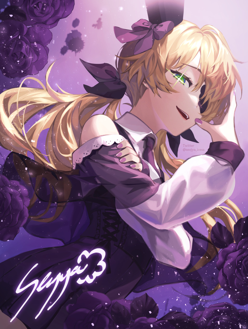 1girl absurdres bare_shoulders blonde_hair chuunibyou collared_shirt dress eyepatch fischl_(genshin_impact) genshin_impact green_eyes highres ice_s_s_z long_hair looking_at_viewer low_twintails necktie open_mouth purple_dress shirt smile solo twintails