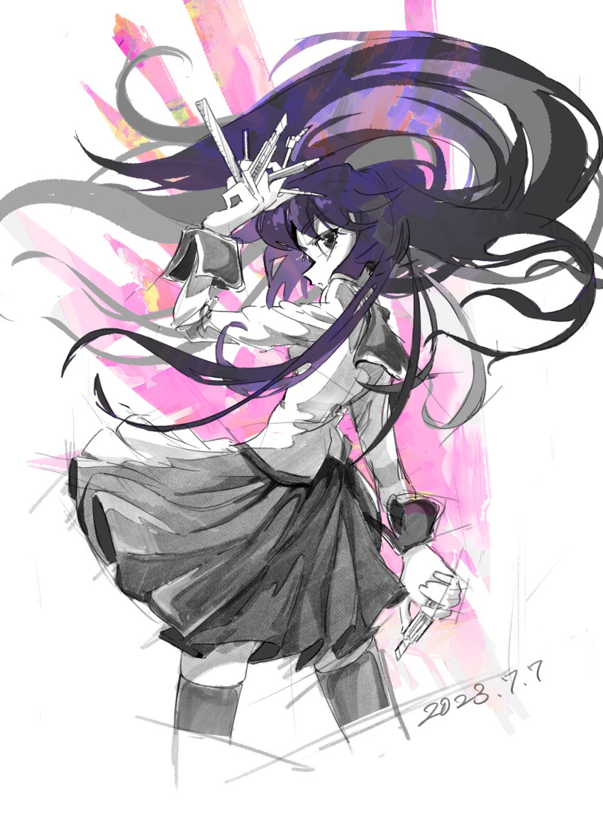 1girl bakemonogatari between_fingers boxcutter compass_(instrument) cropped_legs dated eyelashes floating_hair from_behind goffstager greyscale_with_colored_background hand_up highres holding juliet_sleeves long_hair long_sleeves looking_at_viewer looking_back monogatari_(series) naoetsu_high_school_uniform pencil pleated_skirt puffy_sleeves ruler school_uniform senjougahara_hitagi sketch skindentation skirt solo stationery thigh-highs very_long_hair