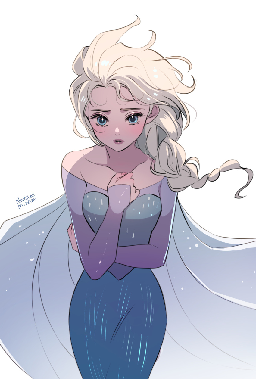 1girl arm_between_breasts bare_shoulders between_breasts blue_dress blue_eyes blush braid breasts cape disney dress elsa_(frozen) eyelashes floating_hair frozen_(disney) hair_over_shoulder highres long_hair makeup parted_lips signature single_braid solo user_raev4755 white_background wind