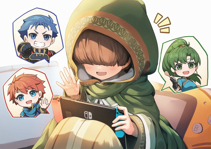1girl 1other 2boys aged_down armor bean_bag_chair black_gloves blue_cape blue_eyes blue_hair cape cloak eliwood_(fire_emblem) fingerless_gloves fire_emblem fire_emblem:_the_blazing_blade fire_emblem_heroes game_boy_advance gloves green_cloak green_eyes green_hair green_hoodie grin hair_over_eyes handheld_game_console hector_(fire_emblem) highres holding holding_handheld_game_console hood hoodie incoming_fist_bump knees_up lyn_(fire_emblem) multiple_boys nakabayashi_zun nintendo_switch no_eyes open_mouth ponytail redhead sitting smile speech_bubble v-shaped_eyebrows waving white_background