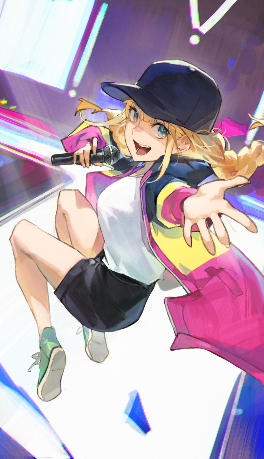 1girl absurdres bare_legs baseball_cap black_headwear black_shorts blonde_hair blue_eyes blunt_bangs braid breasts commentary floating_hair full_body green_footwear hat highres holding holding_microphone hood hooded_jacket indoors jacket jumping legs_up long_hair long_sleeves looking_at_viewer lucadark_art medium_breasts microphone midair open_clothes open_hand open_jacket open_mouth outstretched_arm paripi_koumei puffy_long_sleeves puffy_sleeves shirt shirt_tucked_in shoe_soles shoelaces shoes short_shorts shorts smile sneakers solo stage stage_lights teeth tongue tsukimi_eiko twin_braids white_shirt