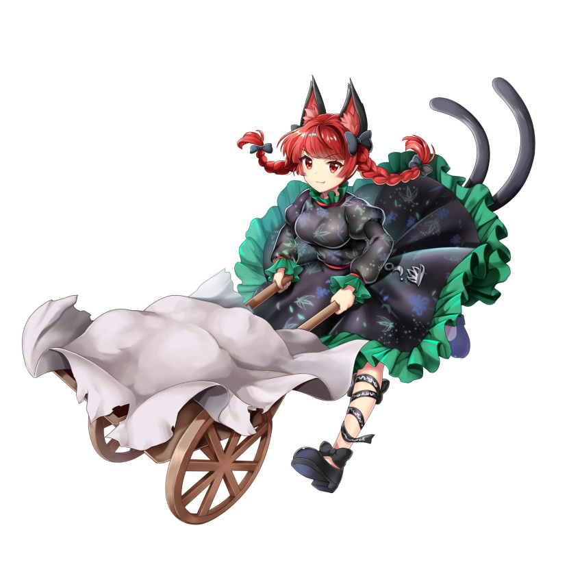 1girl animal_ears black_dress bow braid cat_ears cat_tail copyright dress fire frills full_body highres kaenbyou_rin leaf_print multiple_tails nekomata red_eyes redhead rotte_(1109) shoes solo tail textless_version third-party_source touhou touhou_lost_word transparent_background twin_braids two_tails