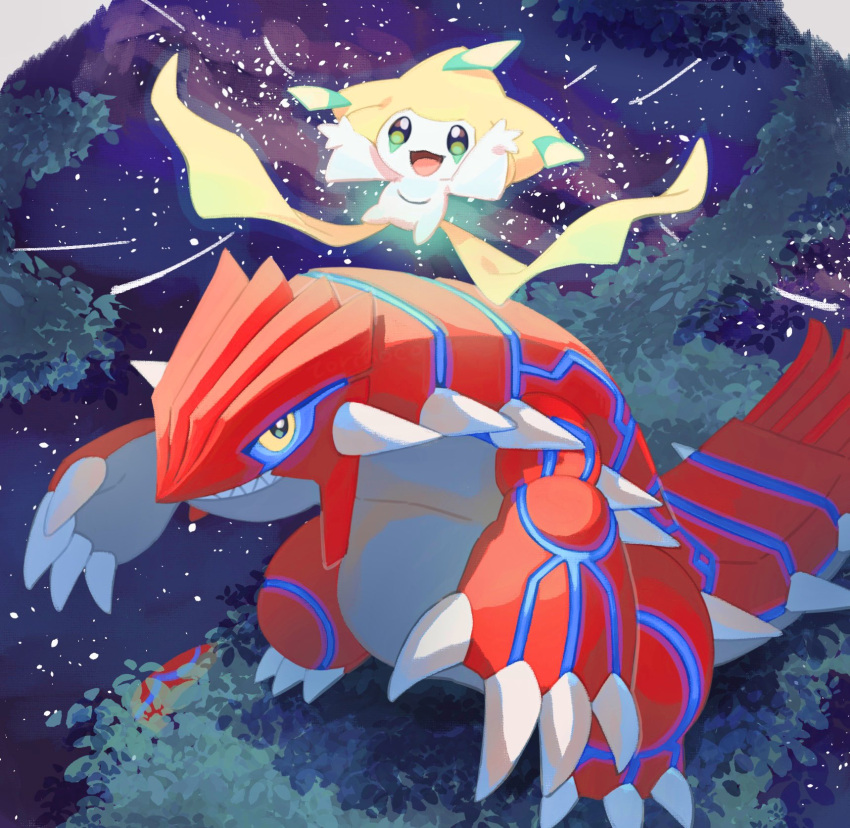 :d bright_pupils claws commentary glowing groudon highres jirachi night no_humans open_mouth outdoors pokemon pokemon_(creature) sharp_teeth smile spikes teeth tongue torinoko_(miiko_draw) white_pupils