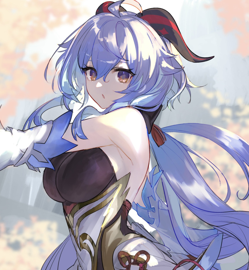 1girl ahoge bare_shoulders blue_hair bow breasts detached_sleeves from_side ganyu_(genshin_impact) genshin_impact gold_trim highres horns jazztaki large_breasts long_hair looking_at_viewer low_ponytail open_mouth sidelocks solo upper_body violet_eyes vision_(genshin_impact) white_sleeves