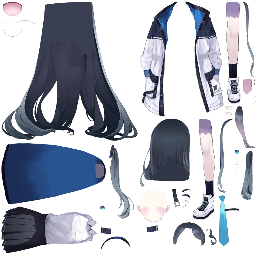 1girl absurdly_long_hair ansan_ey aris_(blue_archive) black_hair black_skirt black_socks blue_archive blue_eyes collared_shirt commentary english_commentary expressions full_body hair_between_eyes hands_in_pockets highres hood hooded_coat hooded_jacket jacket long_hair long_sleeves looking_at_viewer mixed-language_commentary multiple_views necktie one_side_up pleated_skirt pocket school_uniform shirt shoes sidelocks simple_background skirt sneakers socks standing translated very_long_hair white_background white_footwear