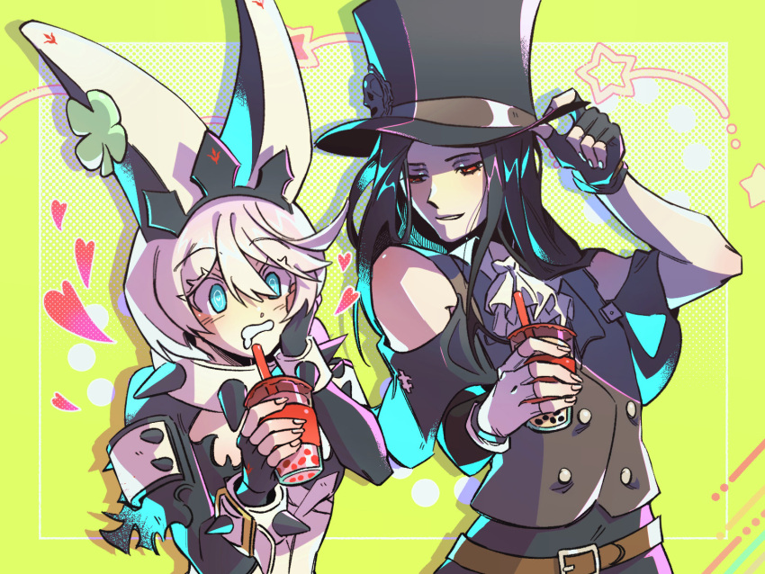 1girl 1other ascot asymmetrical_gloves asymmetrical_sleeves black_hair blue_eyes bracelet bubble_tea clover collar cup currymaster disposable_cup dress drink drinking_straw elphelt_valentine fingerless_gloves four-leaf_clover gloves guilty_gear guilty_gear_strive guilty_gear_xrd hairband hat hat_ornament highres holding holding_cup jewelry long_hair short_hair skull_hat_ornament spiked_bracelet spiked_collar spiked_hairband spikes testament_(guilty_gear) top_hat white_ascot