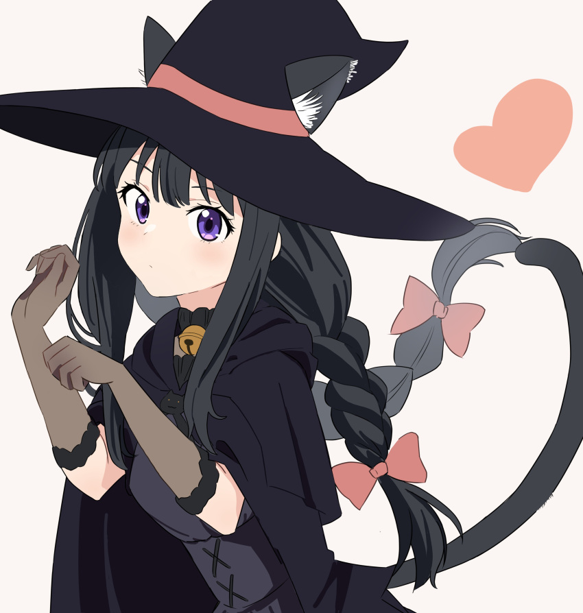 1girl absurdres animal_ear_fluff animal_ears black_cape black_dress blush bow braid brown_gloves cape cat_ears cat_tail closed_mouth commentary dress elbow_gloves fake_animal_ears gloves hair_bow halloween_costume hat highres inoue_takina long_hair looking_at_viewer lycoris_recoil official_alternate_costume red_bow sidelocks simple_background sleeveless sleeveless_dress solo souda_(soudaco1a) tail twin_braids upper_body violet_eyes white_background witch_hat